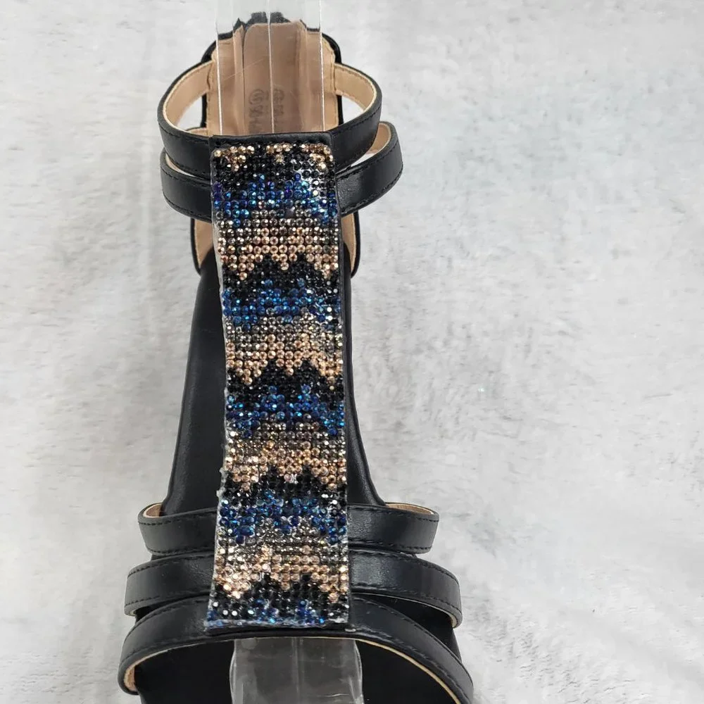 Black Blue Closed Back Wedge Sandals Faux Wood